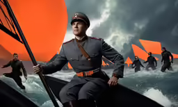 an image of some soldiers riding in a boat
