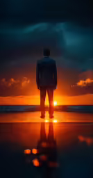 a man standing with his back to the camera at sunset
