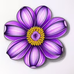 a drawing of a purple and yellow flower,a drawing of a purple flower with a yellow center,a purple and yellow flower sitting on top of a white surface,a drawing of a flower on paper,this is an image of a purple and yellow flower