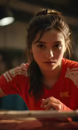 a woman is looking at the camera as she sits in front of a computer