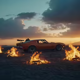 an orange car sitting next to a bunch of flames