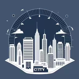 a stylized illustration of a city with blue and white background,a large city is depicted in an illustrated style