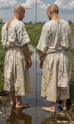 two men standing on one end of the water