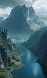 a mountain view with a river surrounded by green mountains