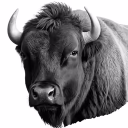 an ox with large horns standing in front of the camera