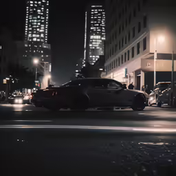 a car is traveling in the middle of an urban road