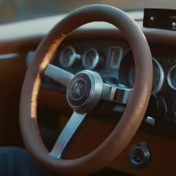an interior view of a car dashboard with the steering wheel and instruments