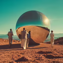 two men and one man walking past a large object on the desert