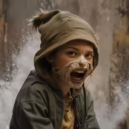 a little boy wearing a helmet and covering his face