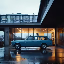 an old - fashioned blue station wagon parked in front of a building with a deck on top