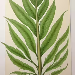 a picture of a leaf in a brown frame,an art print with leaves that are green