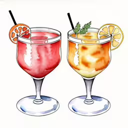 a drawing of two cocktails on top of a white paper,a watercolor painting of two different drinks,a watercolor sketch of two cocktail glasses,two glasses with fruit on them are sitting side by side,two glasses of alcohol with garnish and lime slices