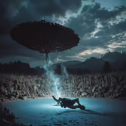an alien hovering over a man lying on the ground