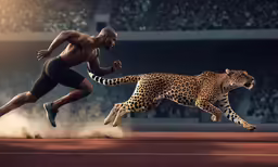 a large animal chasing a man running in a competition