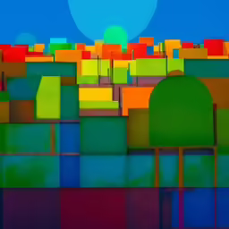 a colorful landscape with a blue sky in the background