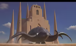 an alien statue sitting in front of an old stone building