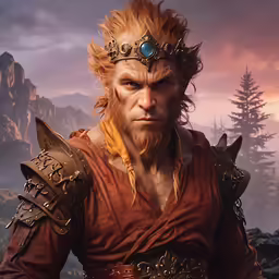 the character with horns, armor and big hair is in front of a sunset