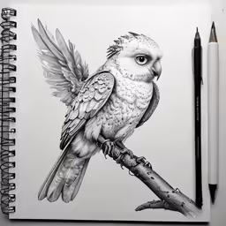an owl sitting on top of a wooden branch next to a ballpoint pen