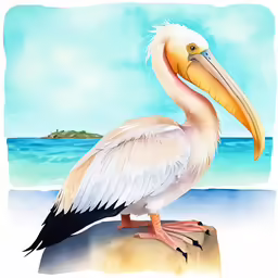 a drawing of a pelican standing on the sand near the ocean