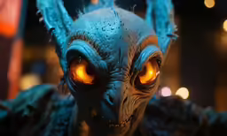 an alien staring with glowing eyes