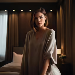 a woman with short hair wearing a long sweater standing in front of a bed