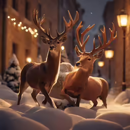 two deer statues with lights on in the background