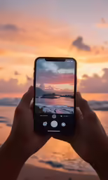 someone taking a picture of the sunset at the beach