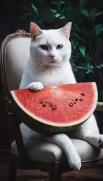 a white cat holding onto a slice of watermelon