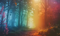 sunlightbeames over a path in a misty forest