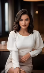 a beautiful woman in white sitting at a desk
