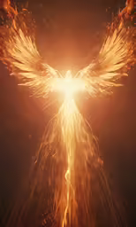 a golden bird with orange wings that is flying in the air