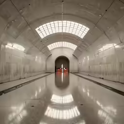 a very long white and gray building with the light coming in