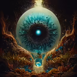 a scene featuring an eye with blue eyes in the foreground and another large evil looking object