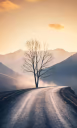 a lone tree on the middle of the road