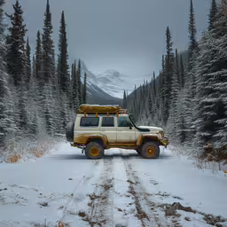 a white truck on a road in a snowy forest,a four - door jeep pulling up the snow in front of snow covered trees