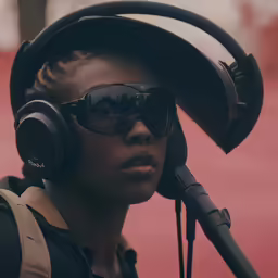 a woman wearing headphones standing next to a microphone