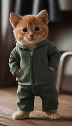 a cat standing up while wearing a hoodie