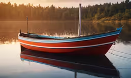 the red and blue boat is sitting in the water,a small boat floating on top of a lake