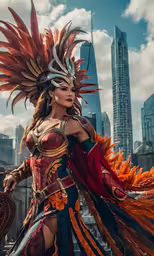 a girl dressed in exotic garb stands in the city street