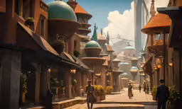 a man is walking down an alley between buildings