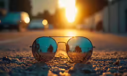 a pair of sunglasses sitting on top of a sandy beach