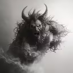 a demon with horns and hair is flying