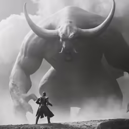 a man walking in the dust near an animal