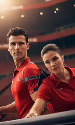 a woman is holding a tennis racquet next to a man in a red shirt