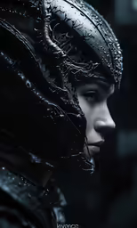 the face of a woman with black plastic, ornate details