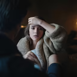 a man is helping a woman fix her hair