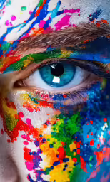 a close up view of a persons face with blue eye and colorful paint