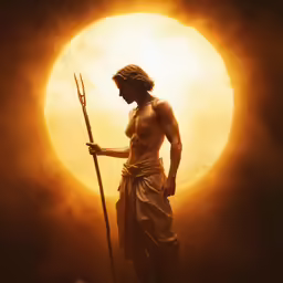a man holding an spear standing in front of the sun