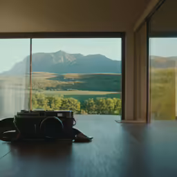 a camera on the floor with the view out the window