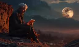 an old man sits on top of a cliff while looking at a book